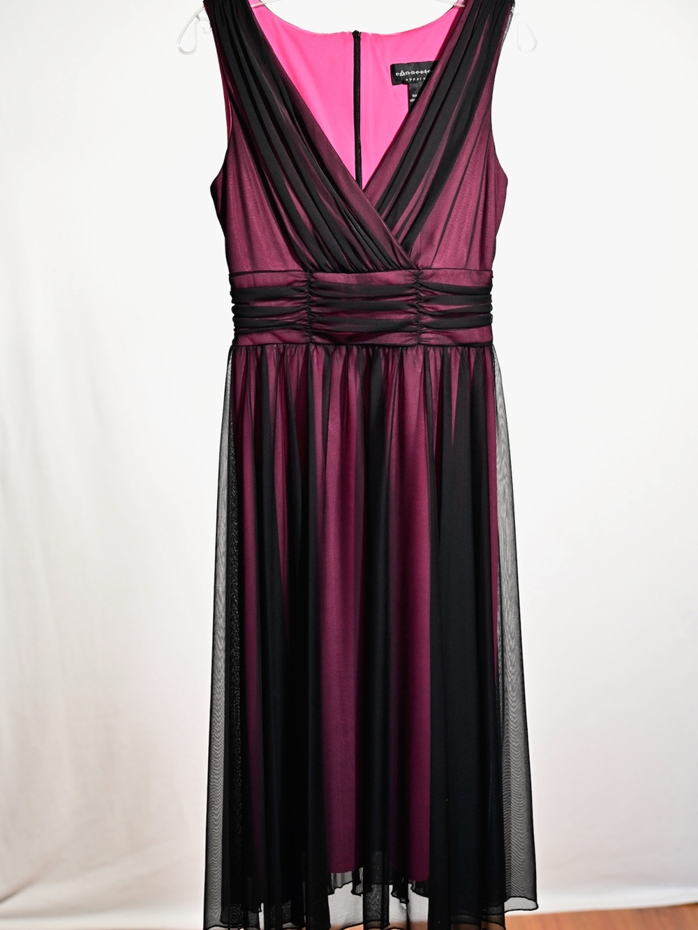 Adrianna Papell Fuchsia and Black Mesh-Overlay Midi Dress